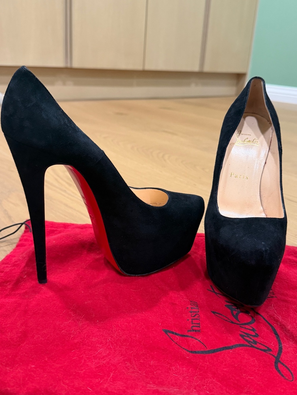 Christian Louboutin Black Suede Platform Pumps with Red Sole